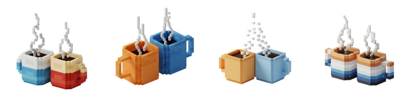 Set of cute 3D voxel art coffee mugs isolated on a transparent background