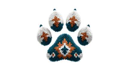 Fluffy animal paw print design featuring intricate southwestern geometric patterns in white teal and rustic orange fibers against a transparent background