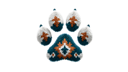 Fluffy animal paw print design featuring intricate southwestern geometric patterns in white teal and rustic orange fibers against a transparent background