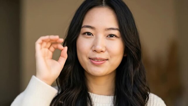This vibrant clip features a cheerful young person with a radiant smile, playfully making an "OK" hand gesture over their eye. The individual is wearing a cozy, light-colored knitted sweater, exuding 