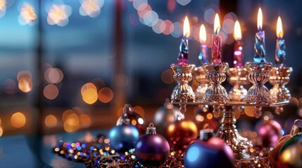 A dramatic and moody Hanukkah decoration scene focusing on the menorah