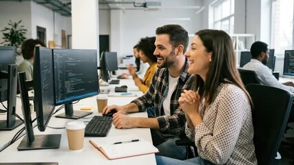Two engaged colleagues collaborate closely at a computer screen in a bustling, modern open-plan office environment. A man actively points to lines of code or data displayed on the monitor while a woma - Powered by Adobe
