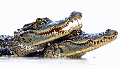 Two young alligators interact with an open-mouth display, against a white background