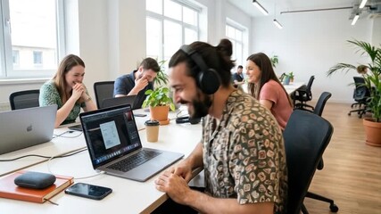 Young professionals collaborate in a modern, open-plan office. They smile and laugh while working on laptops. Bathed in natural light with green plants, the scene reflects a positive, productive, and - Powered by Adobe