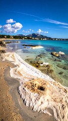 Beautiful coastal scene with turquoise water, a sandy beach, and white rock formations under a bright blue sky
