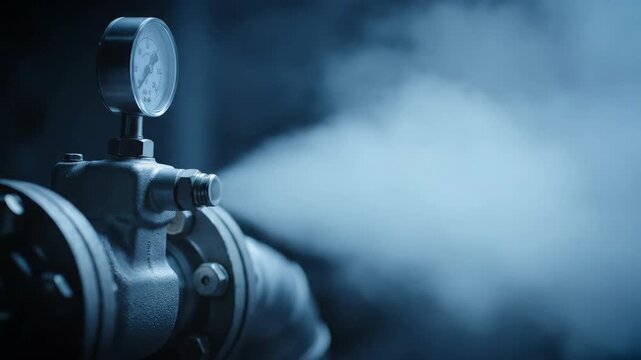 Industrial steam release from pressure gauge on pipe.
