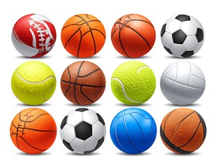 Assortment of diverse sports balls, showcasing vibrant colors and textures, arranged in a grid against a white background