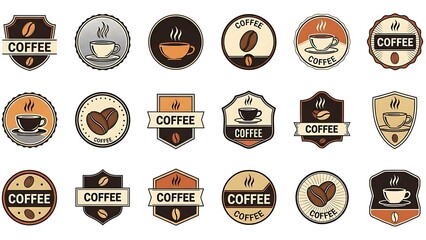 Collection of coffee logos with cups and beans