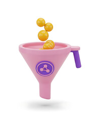 Pink Funnel with Yellow Balls and Purple Handle on White Background
