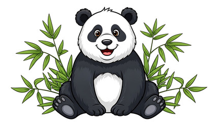 Smiling Panda Sitting with Bamboo Leaves Isolated on White