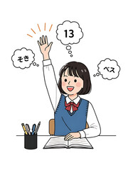 Asian Schoolgirl Raising Hand in Classroom with Thoughts