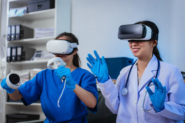 Two healthcare professionals use virtual reality headsets and motion controllers during immersive medical simulation training, showcasing innovative digital healthcare technology,teamwork,futuristic