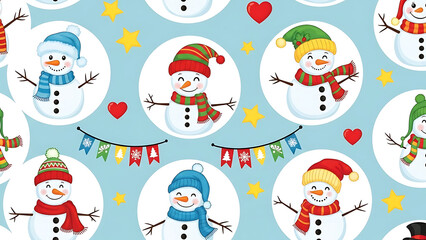 Snowmen Wearing Hats and Scarves on Blue Background with Hearts and Stars
