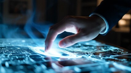 Hand interacting with futuristic holographic interface displaying digital map and data technology future - Powered by Adobe