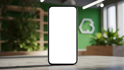 Modern smartphone mockup with blank screen in eco-friendly office setting