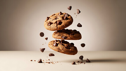 Chocolate chip cookies floating in mid air with crumbs creating fun dynamic dessert concept for bakery and snack advertising