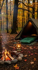 Cozy autumn campsite illuminated by warm fire and lantern light among tall trees
