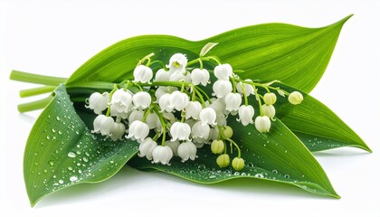 Close-up of lily of the valley bouquet with water droplets on leaves, white background