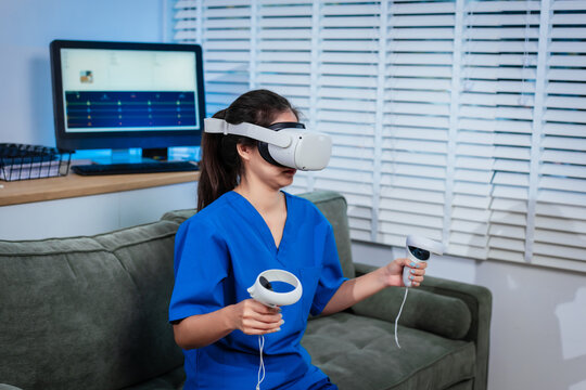 Female nurse wearing virtual reality headset practices immersive medical simulation training using motion controllers, demonstrating advanced digital healthcare education, innovative technology