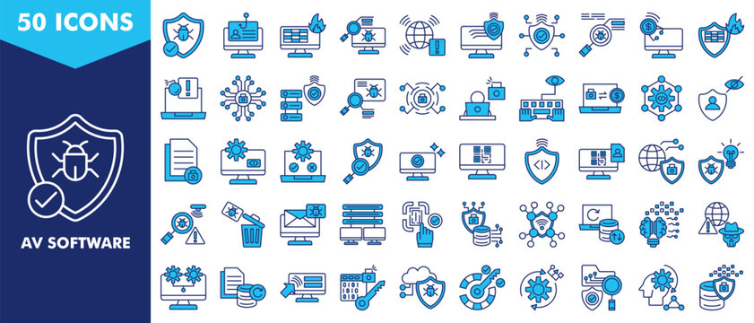 av software icon set collection. icon set contain anti malware, phishing, virus scan, cyber security, antivirus, cyber attack, antivirus solution. simple vector illustration.