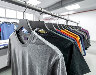 Assortment of diverse-colored casualwear hanging on a metal rod. Hangers display a range of shirts in preparation