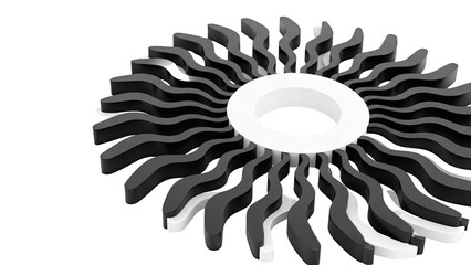 Black and white abstract sunburst or radial pattern with wavy elements