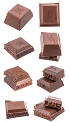 Assortment of eight pieces of brown confectionery arranged to highlight their textures and surfaces against a stark white backdrop
