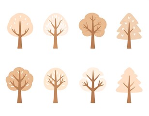 Assortment of eight simplified tree illustrations in varying shapes, using light brown and beige hues, set against a stark white backdrop