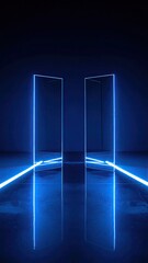 Two glowing blue doorways with illuminated lines on reflective surface