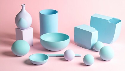 Pastel still life with geometric shapes on pink surface, clean and modern
