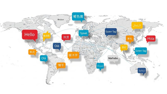 World map with colorful speech bubbles saying hello in different