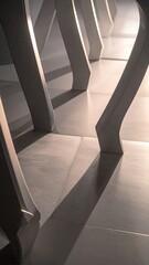 Interior with geometric, angled beams casting long shadows on tiled floor