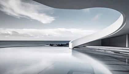 Modern architectural design with ocean views, minimalist, curved lines, sky