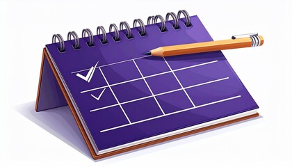 Purple calendar with pen, showing checkmarks, spiral bound, on white backdrop