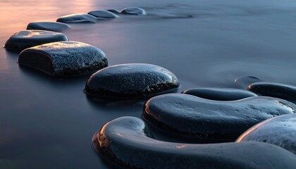 Smooth dark stones lead through water at dawn or dusk