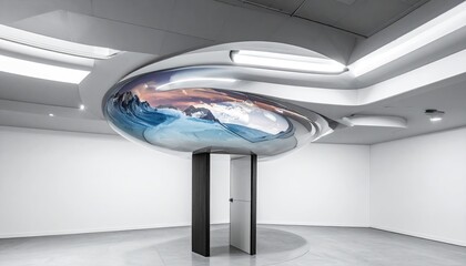 Modern art installation. Mirrored oval screen displaying landscape. Interior space