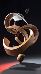 Abstract wooden sculpture in motion, floating with balanced forms