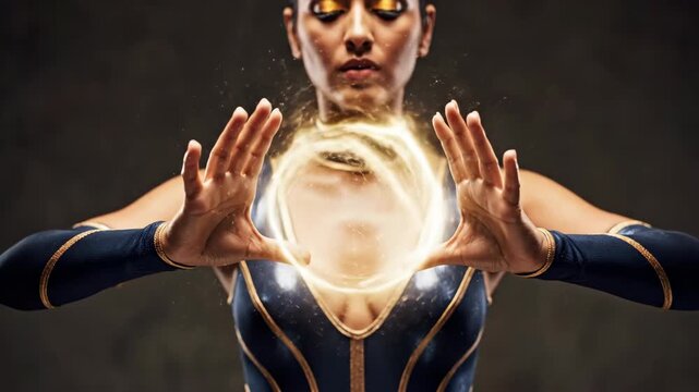 Female Superhero Controlling Glowing Golden Energy Orb Between Hands