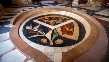 Circular, mosaic-like floor design with geometric and floral sections