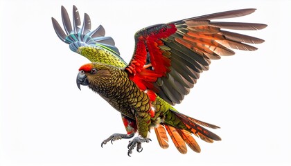 Vivid parrot takes flight, showcasing red, green, and orange plumage against white