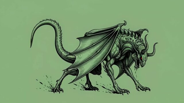 Vintage style illustration of dragon creature moving on green screen