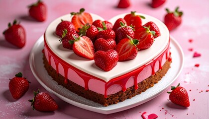 Heart-shaped cake, strawberries on top with a pink glaze, romantic celebration dessert