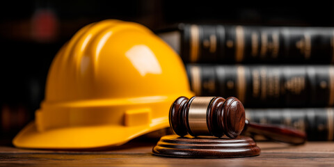 Gavel and yellow hard hat sit near law books representing construction law. Legal verdict on building safety and worker rights. Justice in the building industry