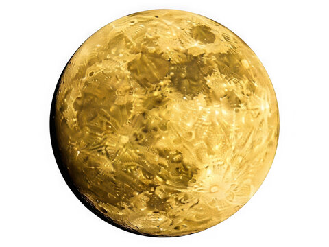 Detailed, textured, and illuminated surface of the planet venus shown as a sphere isolated on transparent background