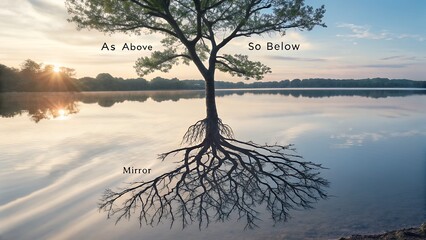 Tree roots mirroring in calm lake at dawn