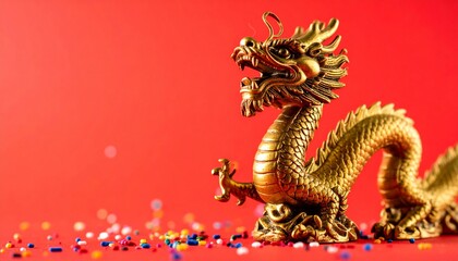 Gold dragon figurine with open mouth, against red backdrop and scattered confetti