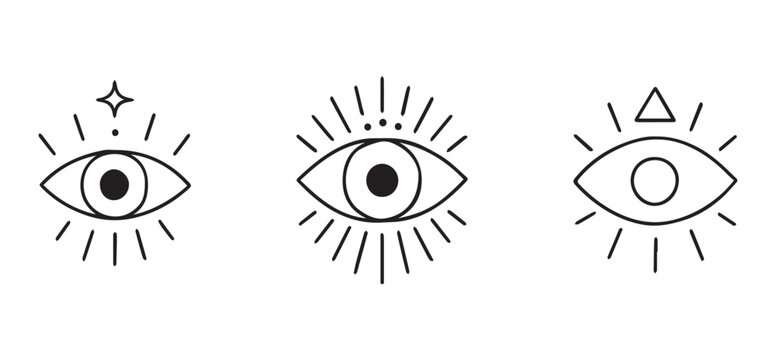 Minimalist mystic evil eye icon set, elegant esoteric line art illustration for magic, spiritual, and occult concept isolated on white background.