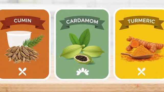 Various spices displayed with their names like turmeric, cardamom, and cumin