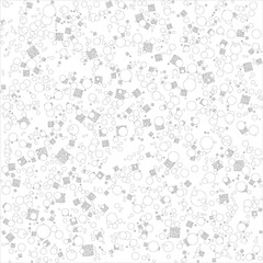 ランダムに配置された円と四角の幾何学パターン（白黒線画）