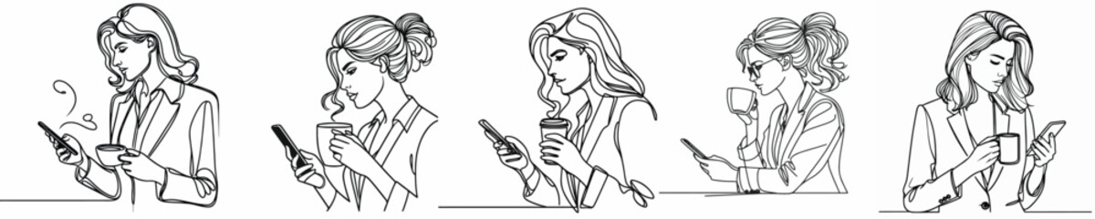 line art of a woman with a phone and a cup of coffee